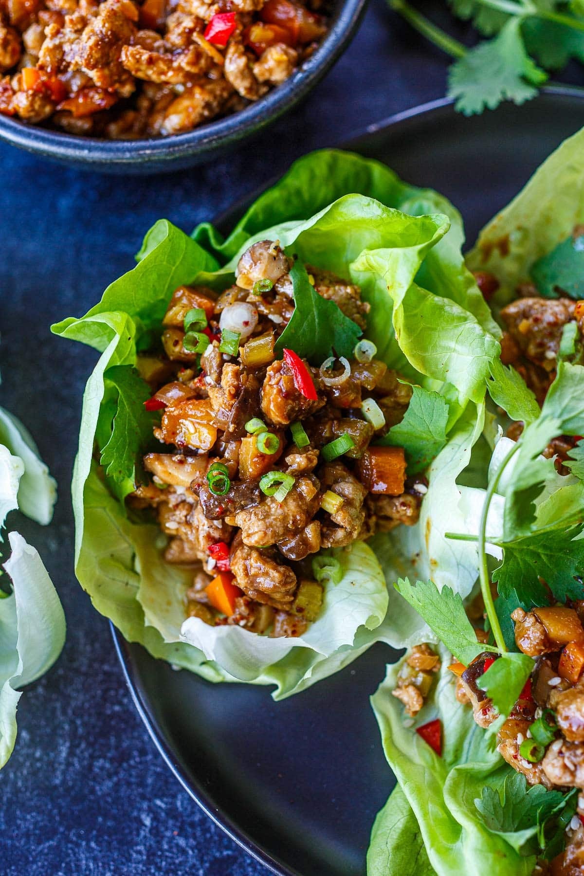 Asian lettuce cup with ground turkey and veggie filling with sauce, green onions, and cilantro. 