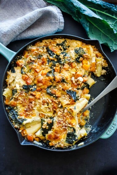 This Baked Rigatoni with Butternut Squash, Kale, Sage and Pecans can be made in one pan, with 30 minutes of hands-on time before baking in the oven. A cozy vegetarian dinner, perfect for fall.