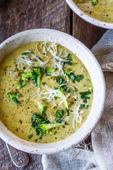 Comforting Broccoli and Cheddar Soup with loads of broccoli, white cheddar cheese, a creamy texture and sharp, savory flavor. This wholesome soup is a perfect choice for a cozy meal. Gluten-free.