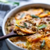  Butternut Squash Gratin with Leeks, Sage and Walnuts - a delicious meatless side dish, highlighting the best of fall ingredients, worthy of  the holiday table! Vegan-adaptable! #butternutsquash #gratin #sidedish #thanksgivingrecipes