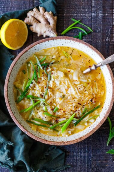 A soothing Cabbage Rice Soup with lemon and ginger — light, nourishing, and thoughtfully balanced. Finish with chili crisp if you like heat. Make a batch for the week ahead, and you'll have a healthy vegan meal at the ready.