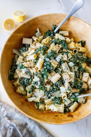 Punchy and flavorful, this Kale Caesar Pasta Salad is perfect for potlucks and gatherings. Made with a creamy, no-mayo Caesar dressing, lemon zest, and garlicky toasted panko.