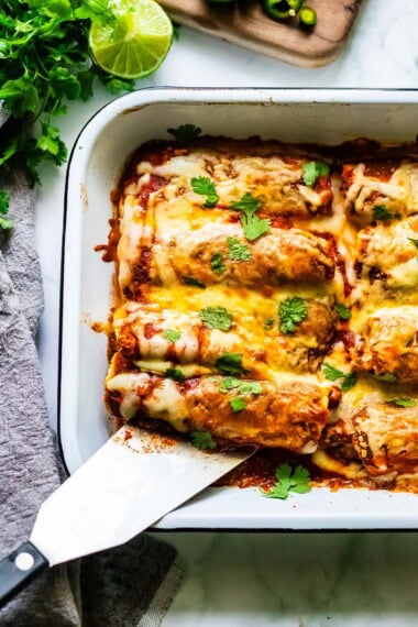 chicken enchiladas in a pan