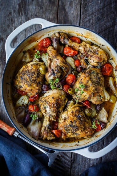 Chicken Proven&ccedil;al is seasoned with Herbs de Provence, braised with white wine, tomatoes, olives, garlic and shallots until tender & fragrant.