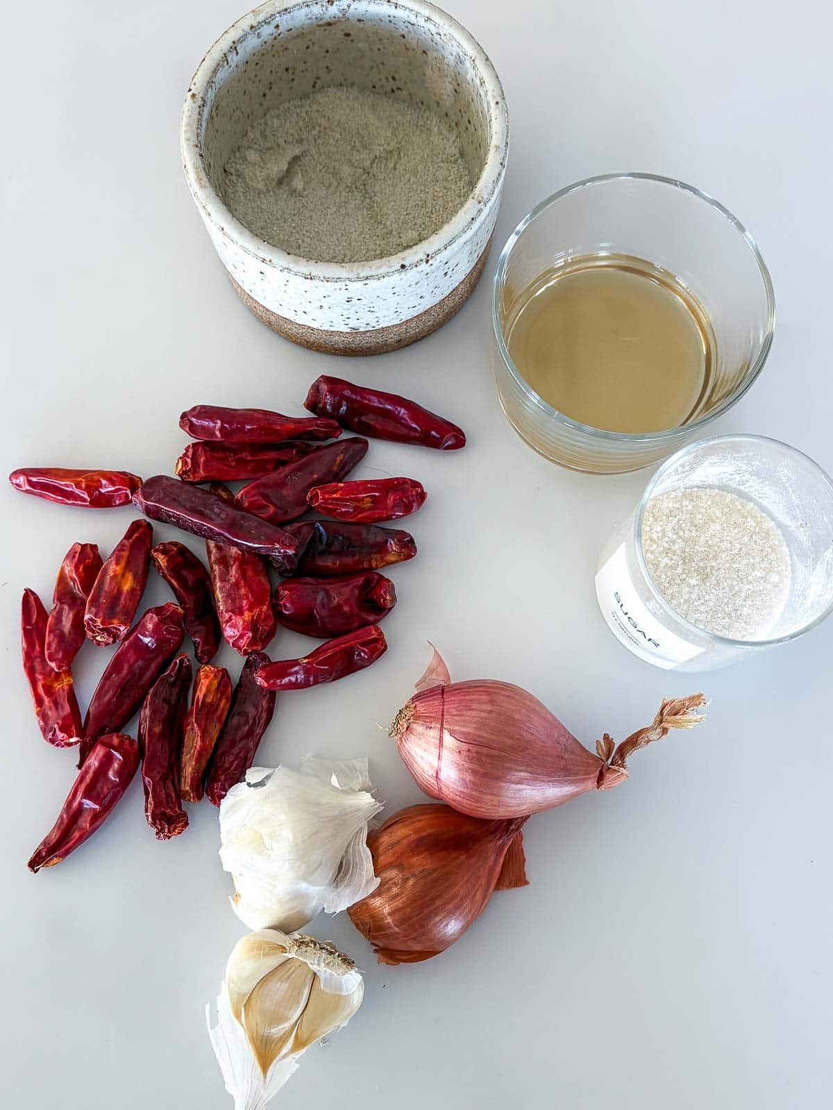 ingredients arranged for making chili garlic sauce - salt, vinegar, sugar, shallot, garlic, red chilies. 