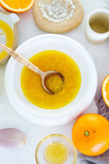 This delicious citrus vinaigrette recipe couldn't be any easier! Made with fresh orange juice, orange zest and shallot, it is wonderfully bright and tangy with a hint of sweetness. Vegan, Gluten-free.