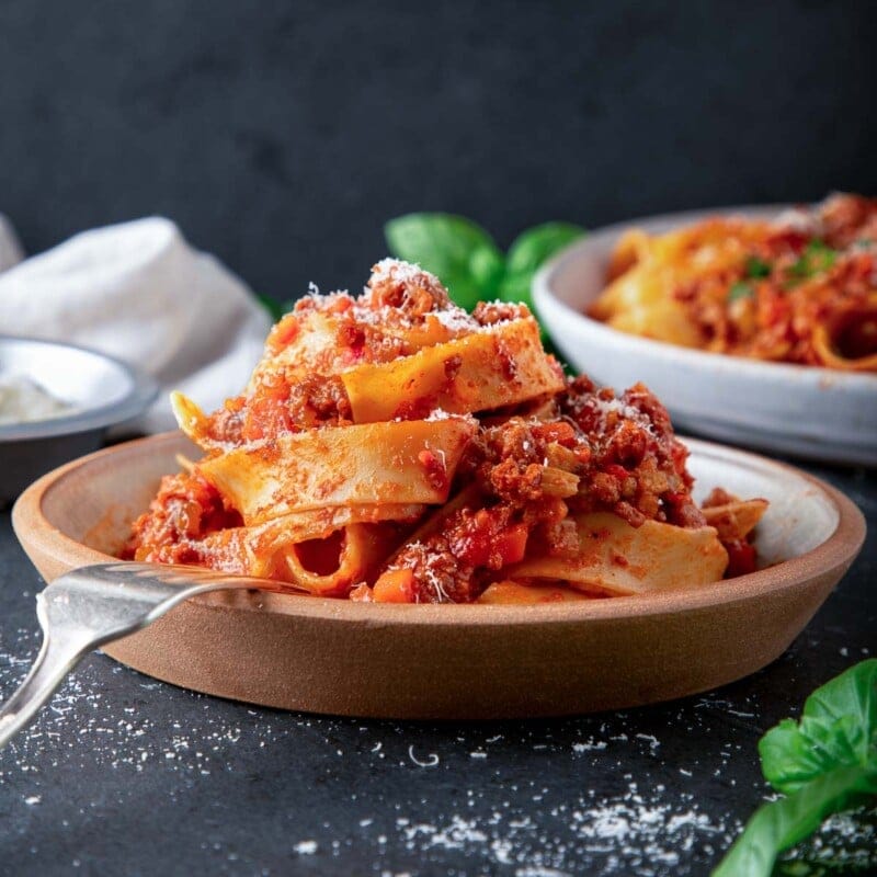 pasta bolognese in a bowl.