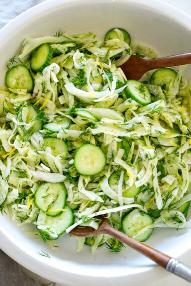 This shaved fennel salad recipe uses thinly sliced fennel bulb, cucumber, and fresh dill tossed in a lemony dressing. Refreshing and light, it is a vegan side dish that can be made ahead and pairs well with many things!