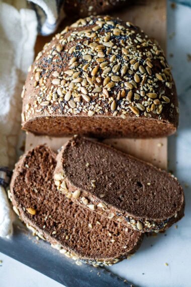 This delicious gluten-free bread recipe is so easy! Tastes like rye bread, made with teff flour, without eggs, rice, starch, or gums. Vegan!