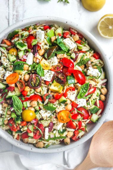 This healthy Greek Pasta Salad is the perfect make-ahead pasta salad for summertime picnics, bbqs, potlucks and easy dinners.  A hearty ratio of fresh veggies combined with tender orzo pasta, chickpeas tossed in the tastiest Greek salad dressing.