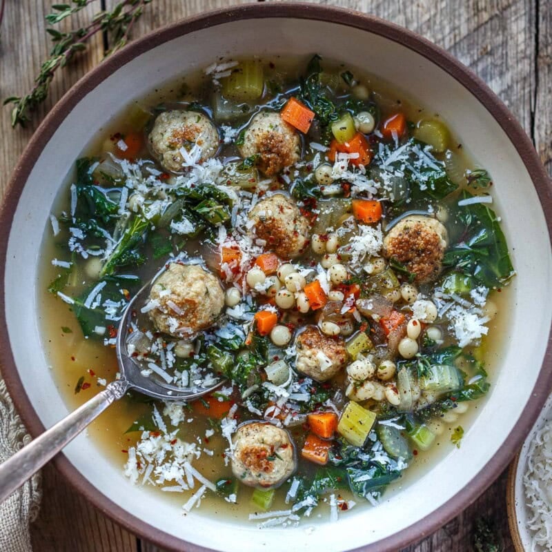This Italian wedding soup is a cozy classic made with tender meatballs, delicate pasta, kale, and a rich, savory broth full of Italian flavor.