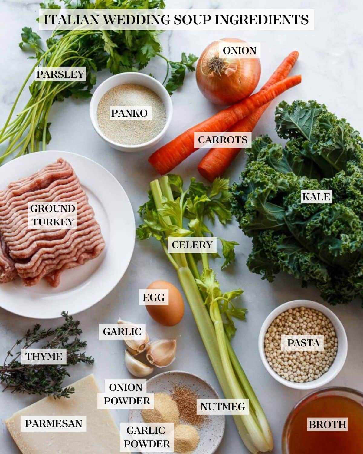 Italian wedding soup ingredients labeled and neatly arranged - parsley, panko, onion, carrots, ground turkey, celery, kale, egg, thyme, garlic, pasta, onion powder, garlic powder, nutmeg, broth, parmesan. 
