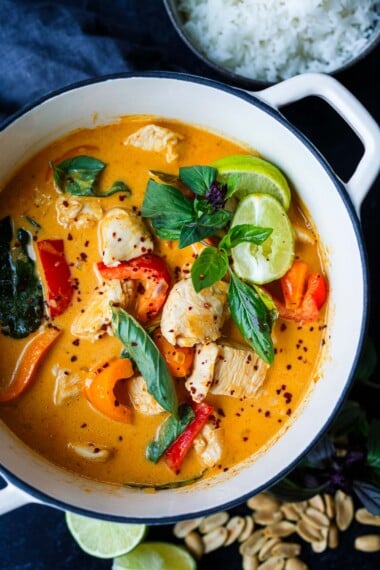 Rich and delicious homemade Panang Curry is made with tender chicken and sweet bell peppers in a creamy coconut curry sauce.