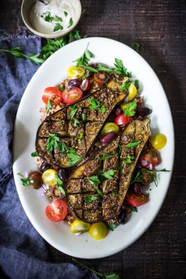 Baked Eggplant with zaatar spice, roasted until meltingly tender. A delicious, healthy eggplant recipe that is vegan and easy to make!