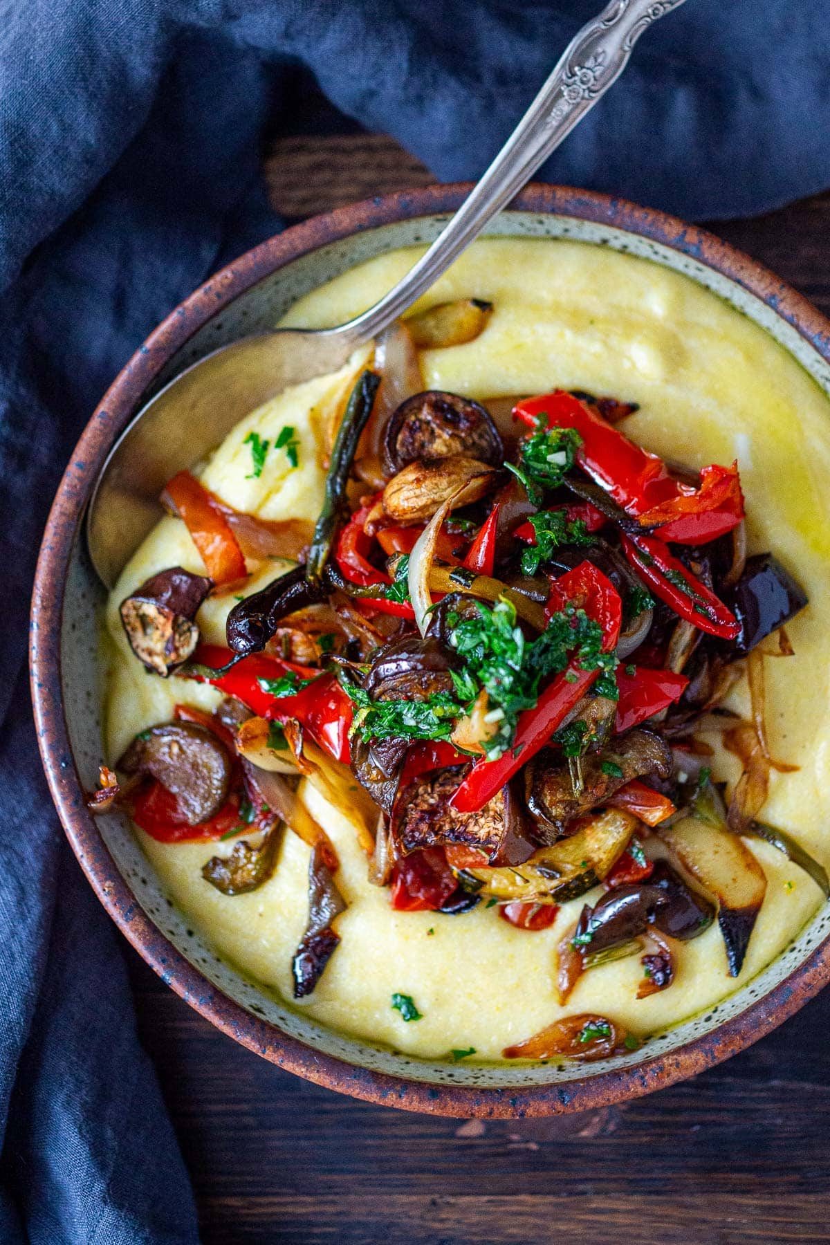 ratatouille over a bowl of polenta. 