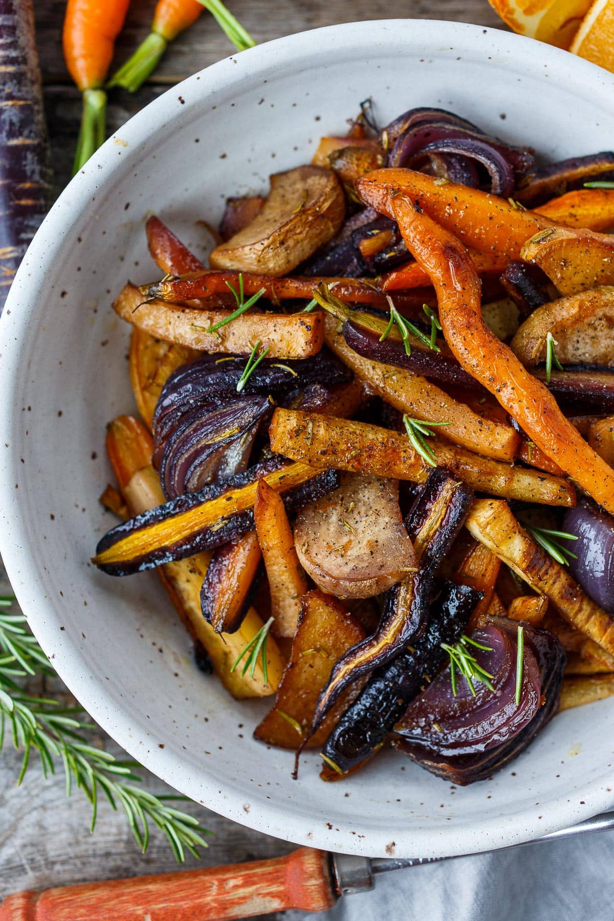 roasted root vegetables - carrots, onions, parsnips, with fresh rosemary.