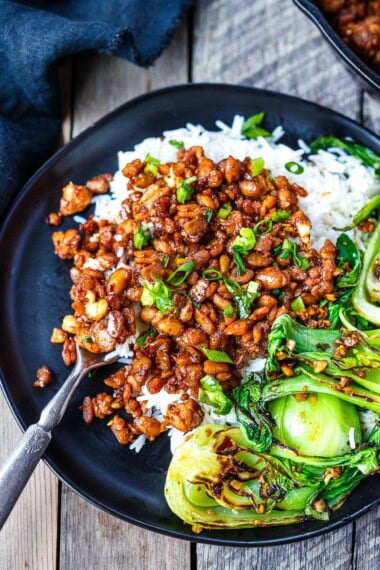 This sticky crumbled tempeh recipe is fast, easy, and full of delicious savory flavor. A quick weeknight dinner, full of healthy plant protein. Vegan.