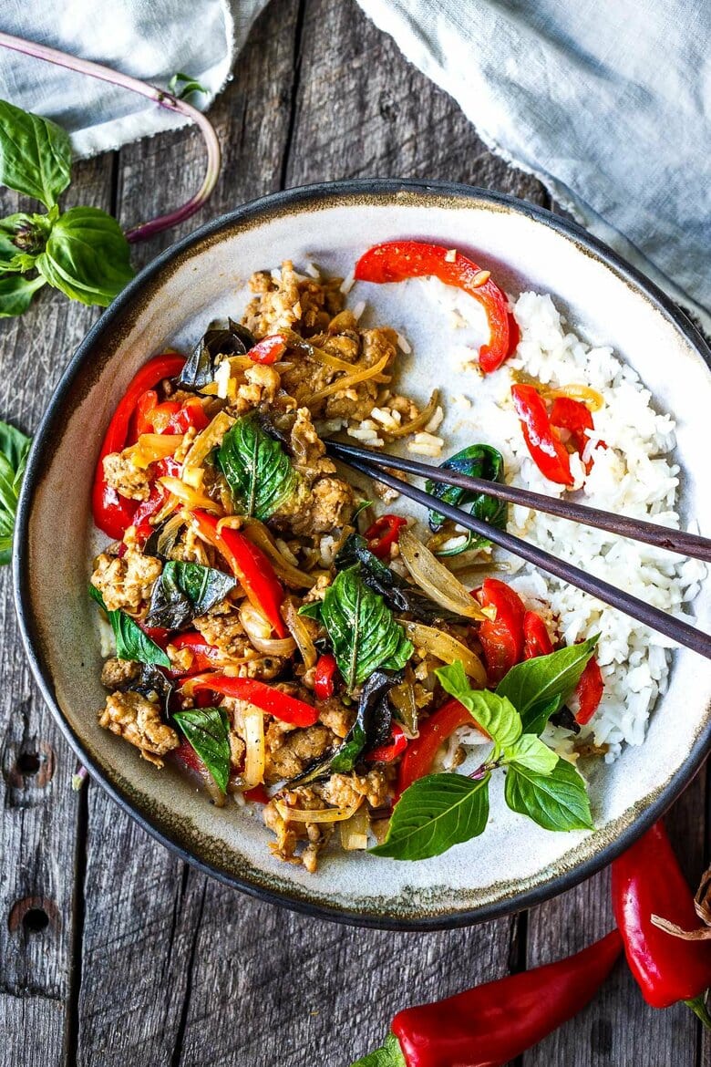 Thai Basil Chicken is simple, fast and flavorful! &nbsp;Made with ground chicken (or ground turkey) it's ready to serve in under 30 minutes.