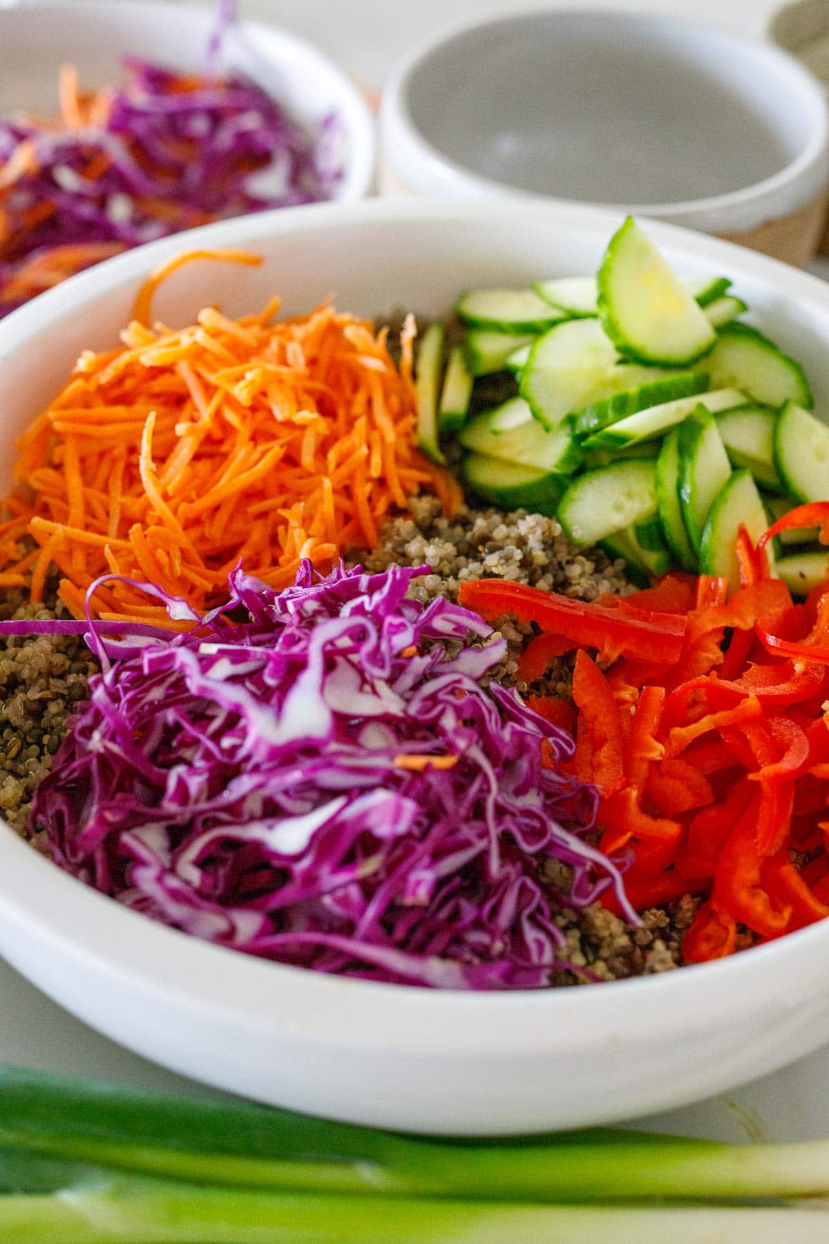 bowl of cooked quinoa and lentils with shredded carrots and cabbage and sliced cucumbers and bell peppers on top.