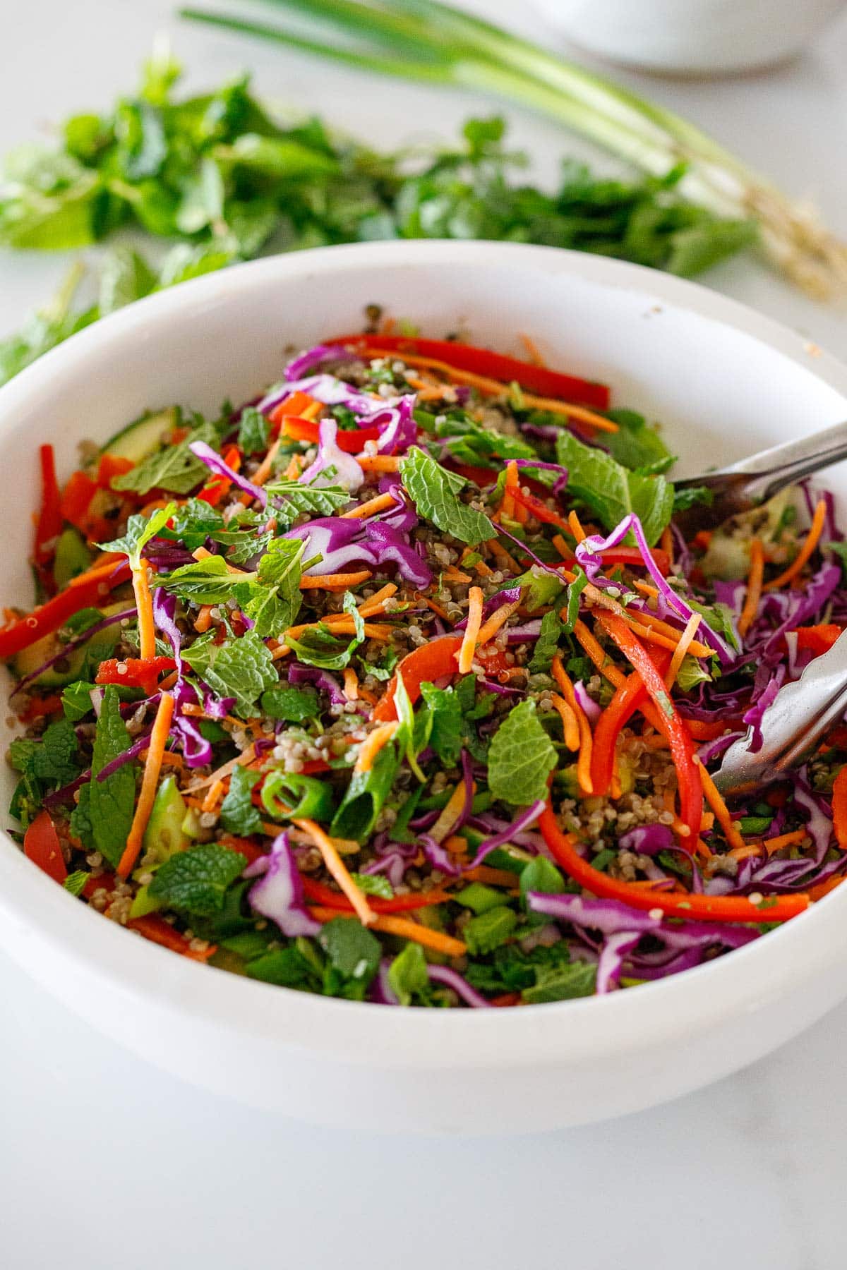 tongs mixing the quinoa lentil salad with shredded and sliced veggies and mint in salad bowl.