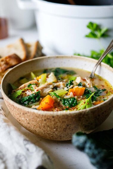 This turkey rice soup recipe is made from leftover Thanksgiving turkey, lacinato kale, and wild rice. Light and brothy and brimming with flavor. Leftover Thanksgiving turkey makes this especially quick and easy to make!