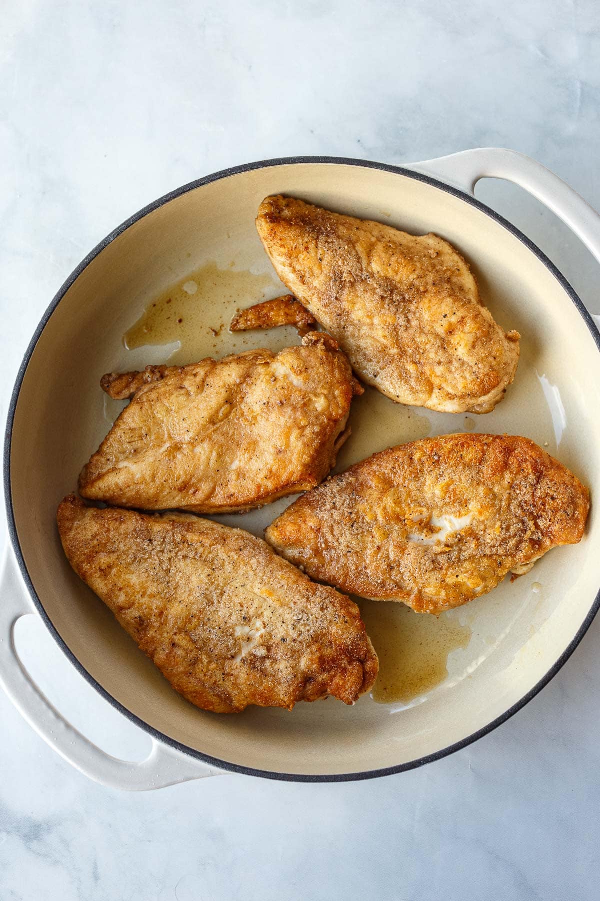 dutch oven with seared chicken breasts with golden crust. 